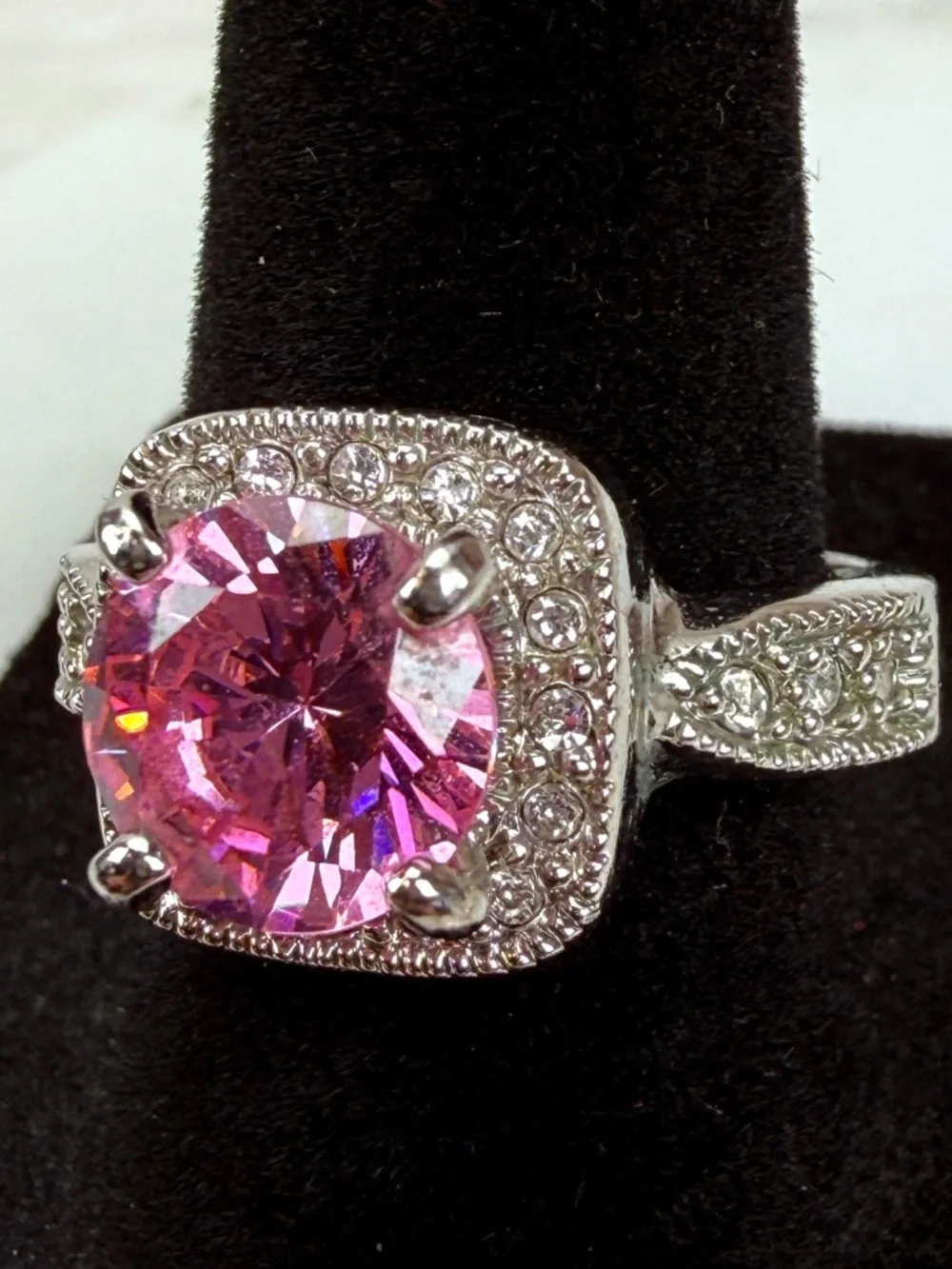 Vintage Silvertone, large pink stone ring